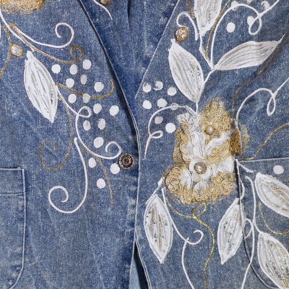 Unique VTG 80s Painted Bejeweled Blue Denim Jacket M L Lace Tuesdays Gift - Picture 4 of 15